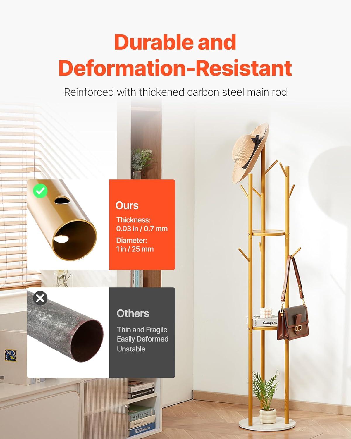 image:imageVEVOR Coat Rack Freestanding Coats Rack Stand with Quartz Stone Base amp 3 Round Hooks Free Standing Hall Coat Tree for Entryway Bedroom Living Room Stylish Clothes Hanger Stand for Coats Hat Bagwith Storage Board