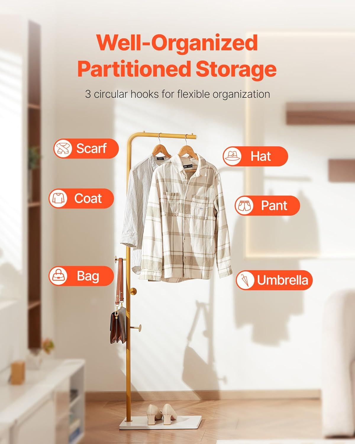 image:imageVEVOR Coat Rack Freestanding Coats Rack Stand with Quartz Stone Base amp 3 Round Hooks Free Standing Hall Coat Tree for Entryway Bedroom Living Room Stylish Clothes Hanger Stand for Coats Hat Bag7Shaped