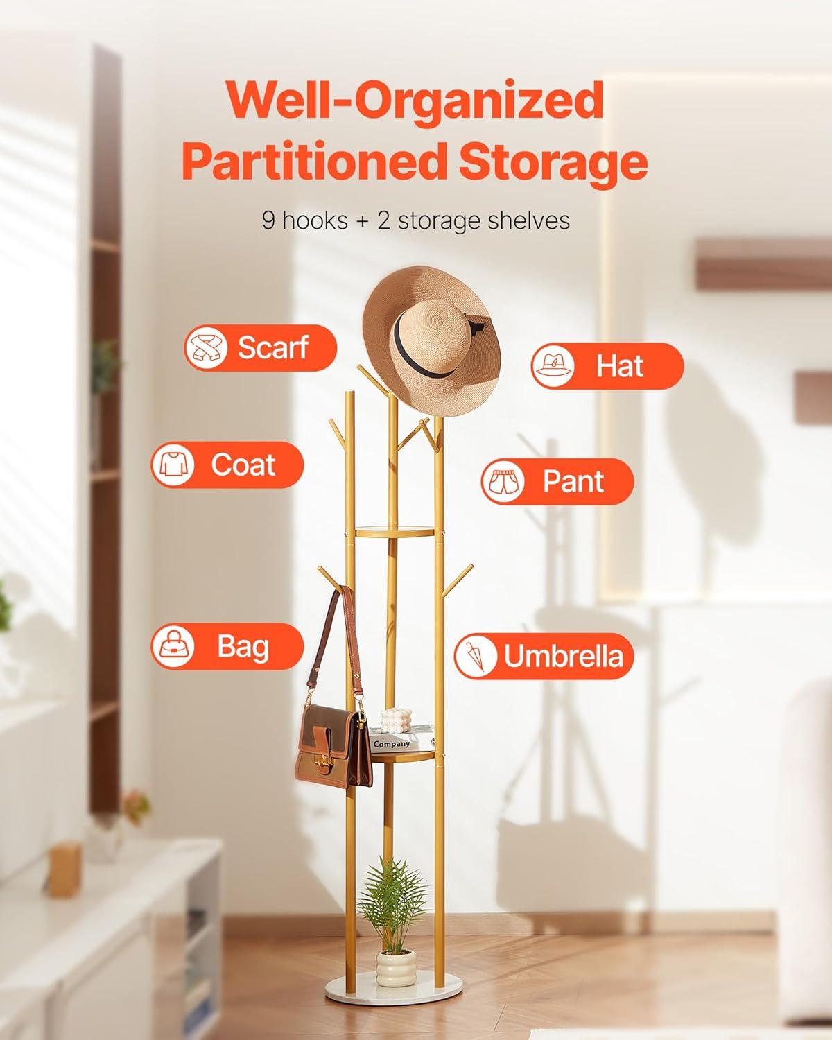 image:imageVEVOR Coat Rack Freestanding Coats Rack Stand with Quartz Stone Base amp 3 Round Hooks Free Standing Hall Coat Tree for Entryway Bedroom Living Room Stylish Clothes Hanger Stand for Coats Hat Bagwith Storage Board
