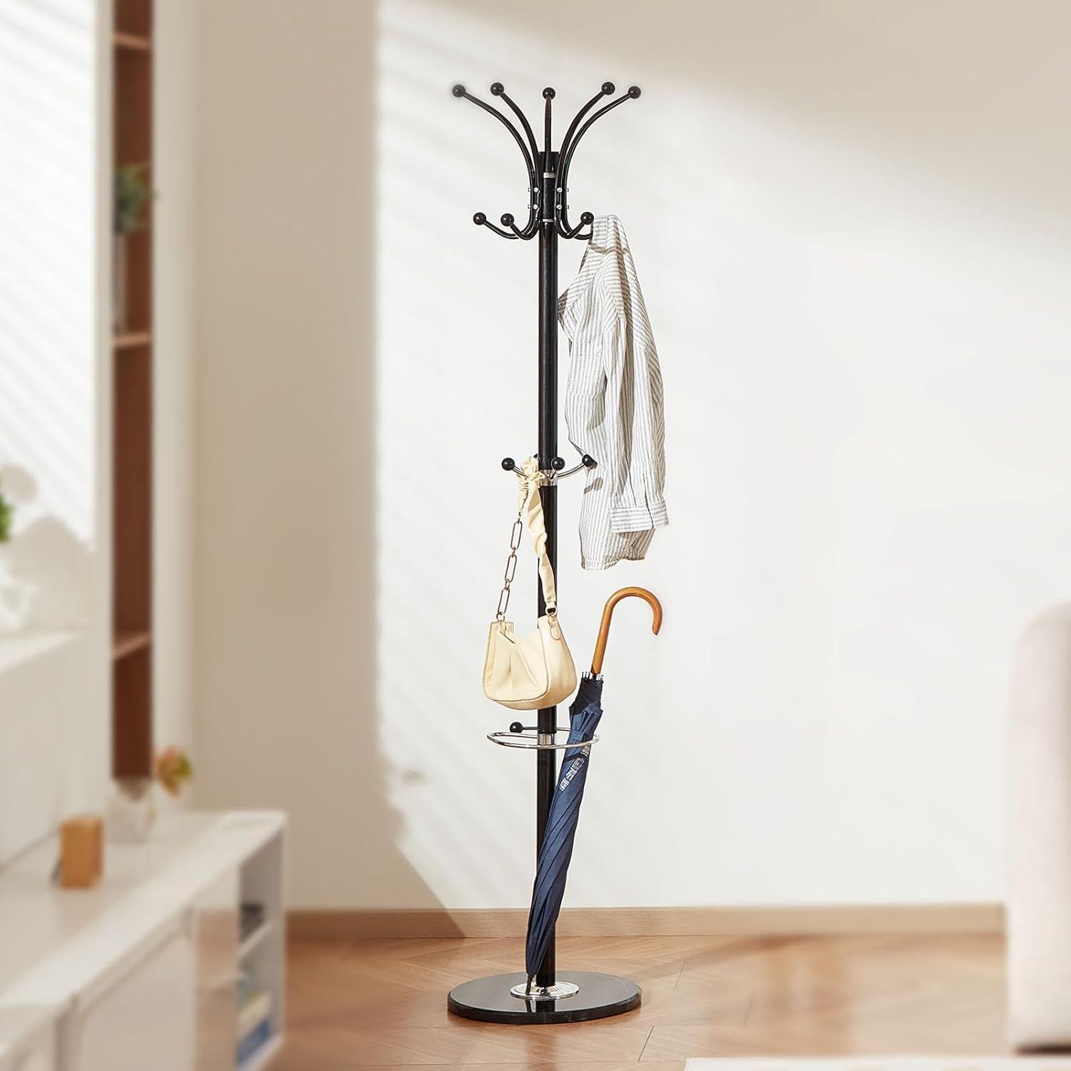 image:imageVEVOR Coat Rack Freestanding Coats Rack Stand with Quartz Stone Base amp 3 Round Hooks Free Standing Hall Coat Tree for Entryway Bedroom Living Room Stylish Clothes Hanger Stand for Coats Hat Bagwith Umbrella Holder