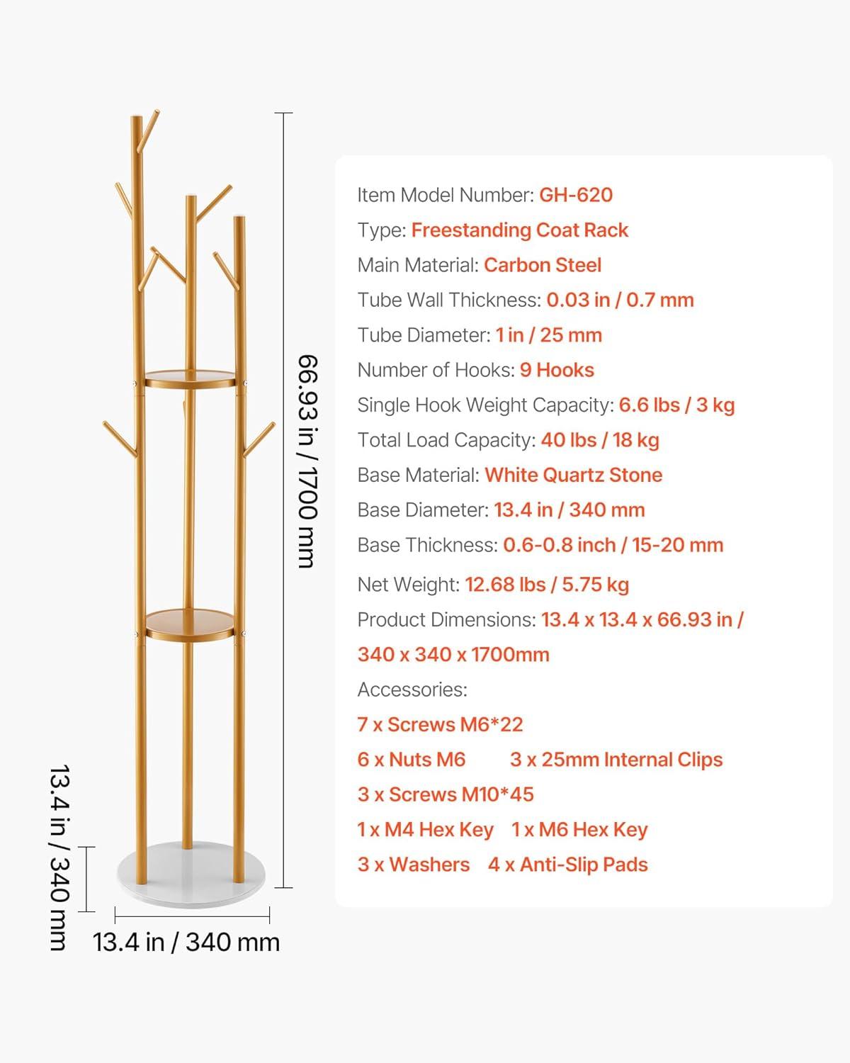 image:imageVEVOR Coat Rack Freestanding Coats Rack Stand with Quartz Stone Base amp 3 Round Hooks Free Standing Hall Coat Tree for Entryway Bedroom Living Room Stylish Clothes Hanger Stand for Coats Hat Bagwith Storage Board
