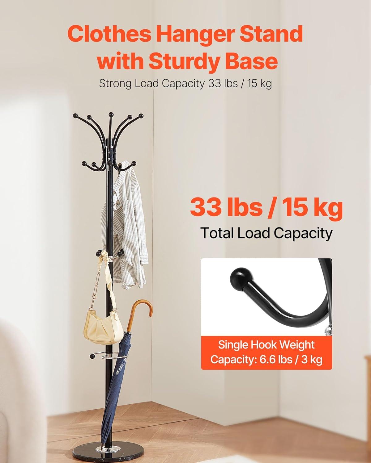 image:imageVEVOR Coat Rack Freestanding Coats Rack Stand with Quartz Stone Base amp 3 Round Hooks Free Standing Hall Coat Tree for Entryway Bedroom Living Room Stylish Clothes Hanger Stand for Coats Hat Bagwith Umbrella Holder