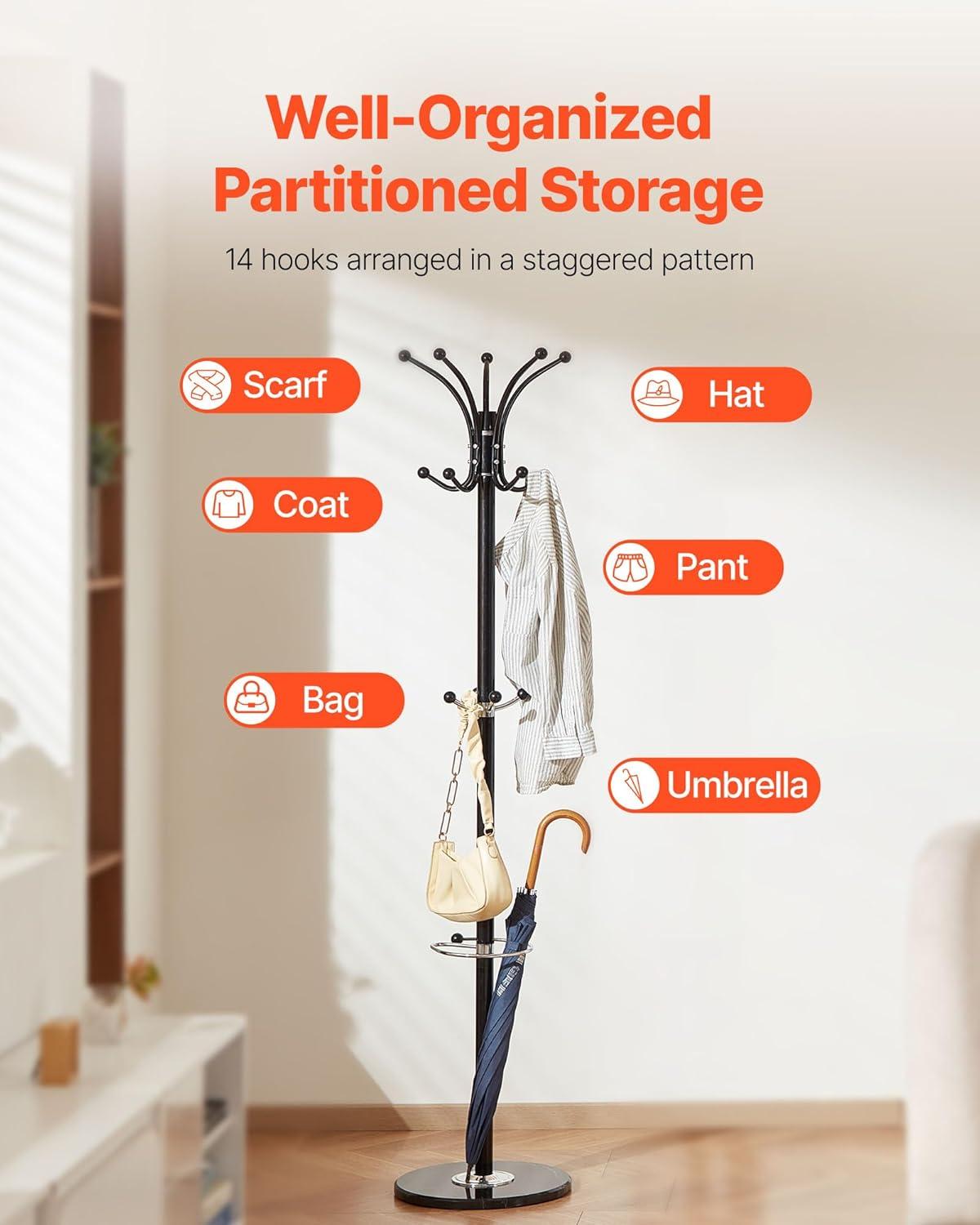 image:imageVEVOR Coat Rack Freestanding Coats Rack Stand with Quartz Stone Base amp 3 Round Hooks Free Standing Hall Coat Tree for Entryway Bedroom Living Room Stylish Clothes Hanger Stand for Coats Hat Bagwith Umbrella Holder