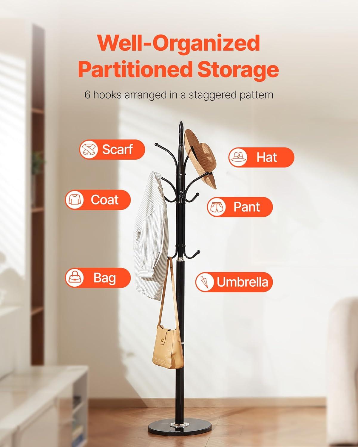 image:imageVEVOR Coat Rack Freestanding Coats Rack Stand with Quartz Stone Base amp 3 Round Hooks Free Standing Hall Coat Tree for Entryway Bedroom Living Room Stylish Clothes Hanger Stand for Coats Hat BagHook
