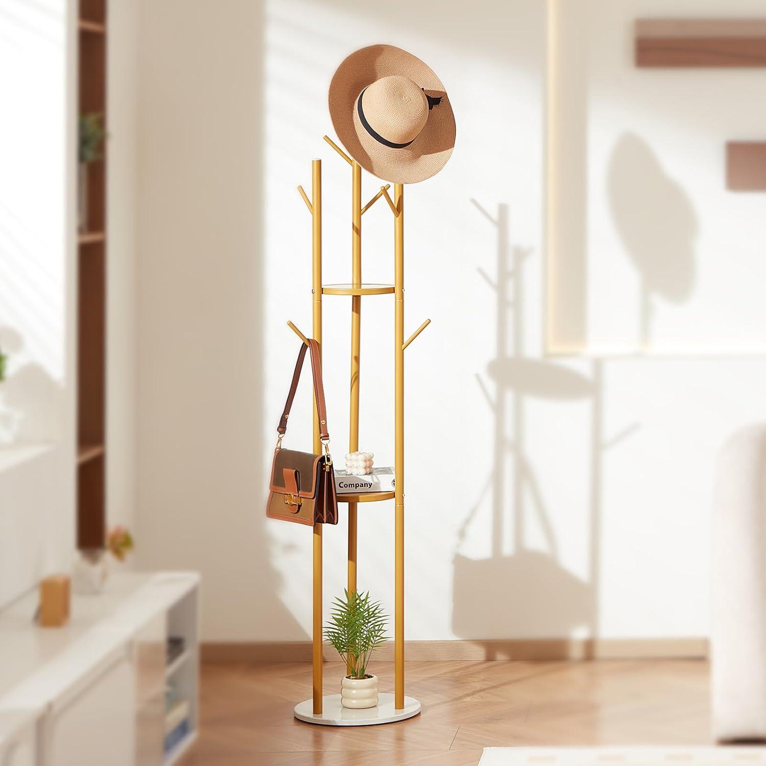 image:imageVEVOR Coat Rack Freestanding Coats Rack Stand with Quartz Stone Base amp 3 Round Hooks Free Standing Hall Coat Tree for Entryway Bedroom Living Room Stylish Clothes Hanger Stand for Coats Hat Bagwith Storage Board