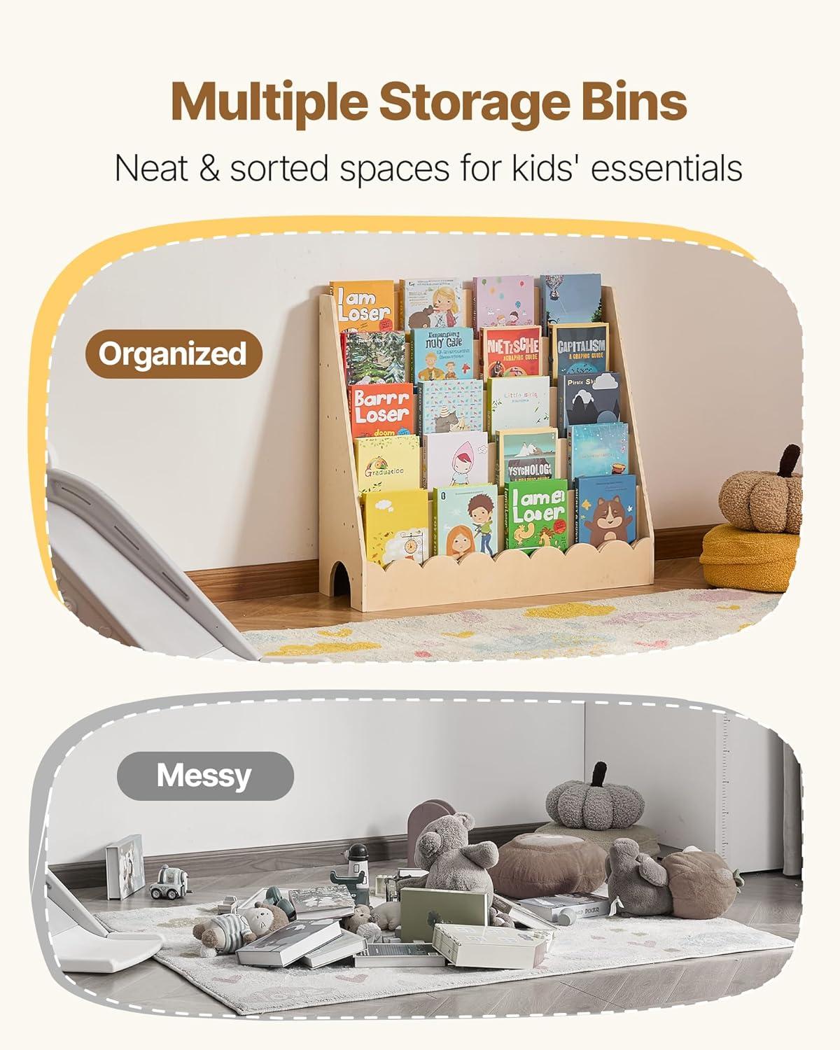 image:imageVEVOR Cubby Mobile Tray Storage Cabinet 8Compartment Cubby Storage Shelf Cubby Storage Cabinet 3Shelf Classroom Cubbies Classroom Furniture for Home Daycare and Preschool NaturalScalloped Bookcase
