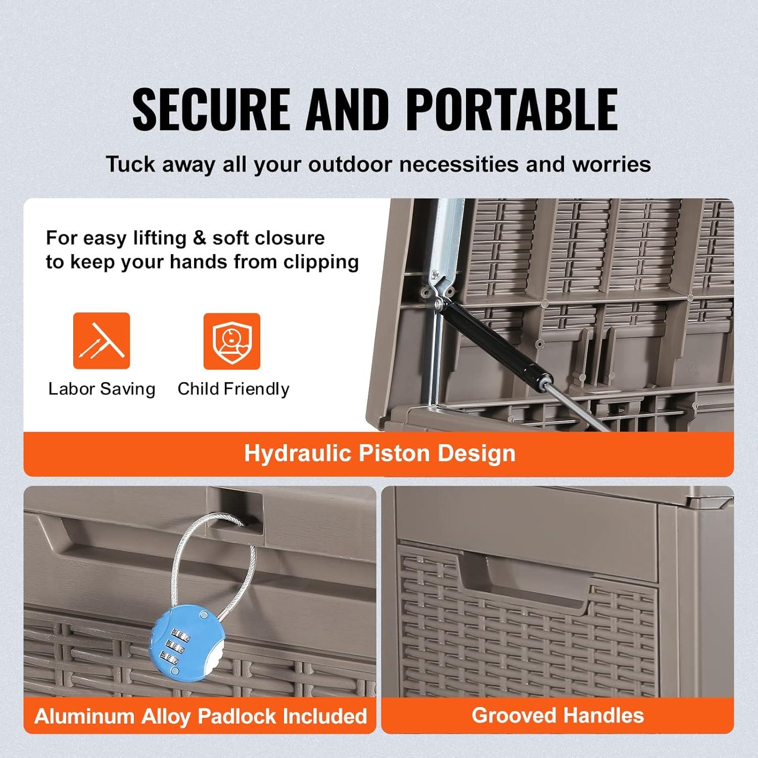 image:imageVEVOR Deck Box 100 Gallon Outdoor Storage Box 480 x 215 x 245 Waterproof PP Deckbox with Aluminum Alloy Padlock for Patio Furniture Garden Tools Outdoor Cushions Gray100gal