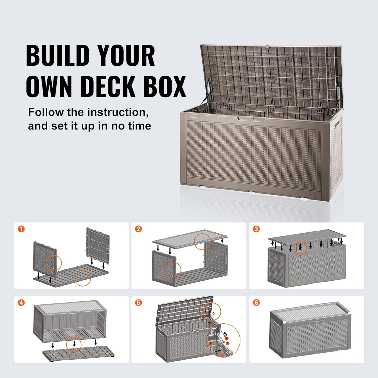 image:imageVEVOR Deck Box 100 Gallon Outdoor Storage Box 480 x 215 x 245 Waterproof PP Deckbox with Aluminum Alloy Padlock for Patio Furniture Garden Tools Outdoor Cushions Gray100gal