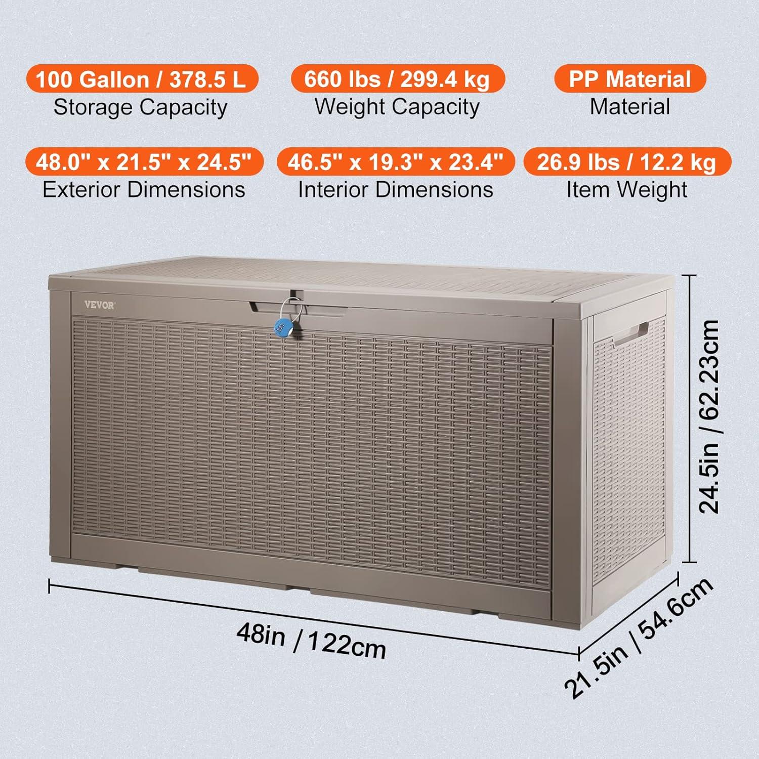 image:imageVEVOR Deck Box 100 Gallon Outdoor Storage Box 480 x 215 x 245 Waterproof PP Deckbox with Aluminum Alloy Padlock for Patio Furniture Garden Tools Outdoor Cushions Gray100gal