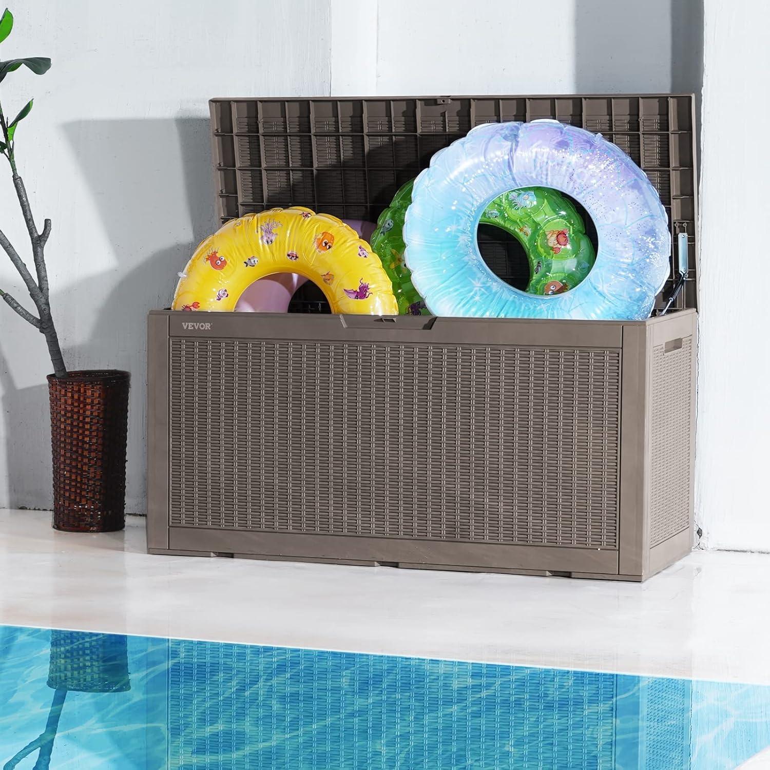 image:imageVEVOR Deck Box 100 Gallon Outdoor Storage Box 480 x 215 x 245 Waterproof PP Deckbox with Aluminum Alloy Padlock for Patio Furniture Garden Tools Outdoor Cushions Gray100gal