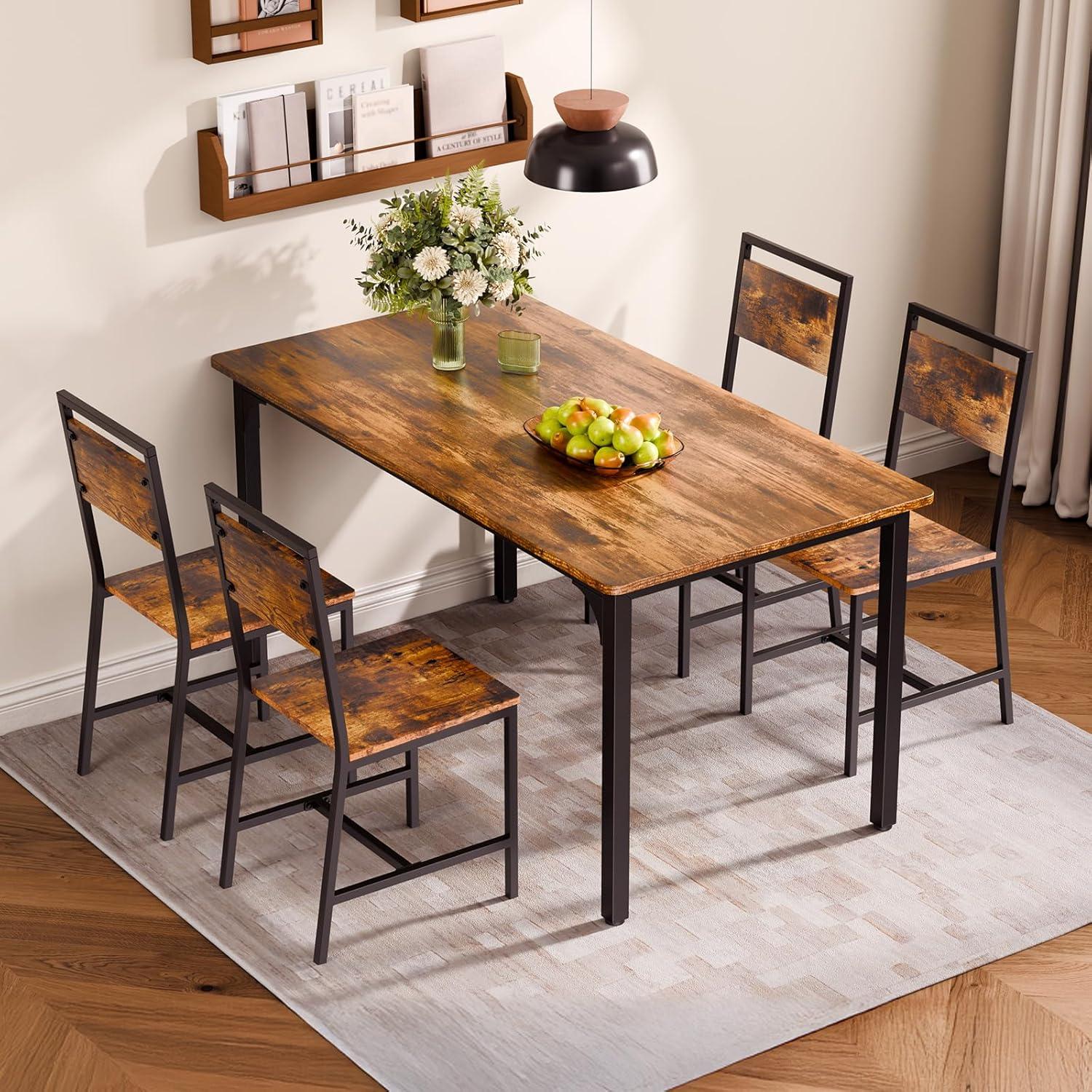 image:imageVEVOR Dining Chairs Set of 2 Wooden Chairs with Metal Frame and Backrest Easy to Assemble Leather Side Chair Modern Farmhouse Walnut Chair for Kitchen Living Room Rustic Brown and BlackSet of 4