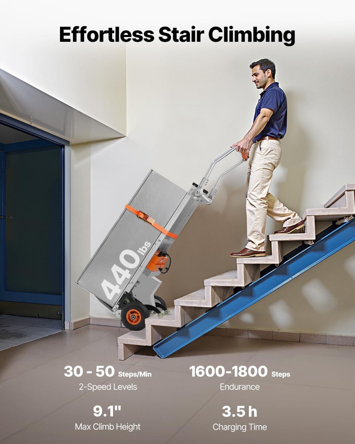 image:imageVEVOR Electric Stair Climbing Dolly 440lbs Capacity Electric Stair Climbing Hand Trucks with 1575in Rope amp Folding Handle Heavy Duty Stair Climber for Warehouse Logistics Moving FurnitureSilverFolding Handle