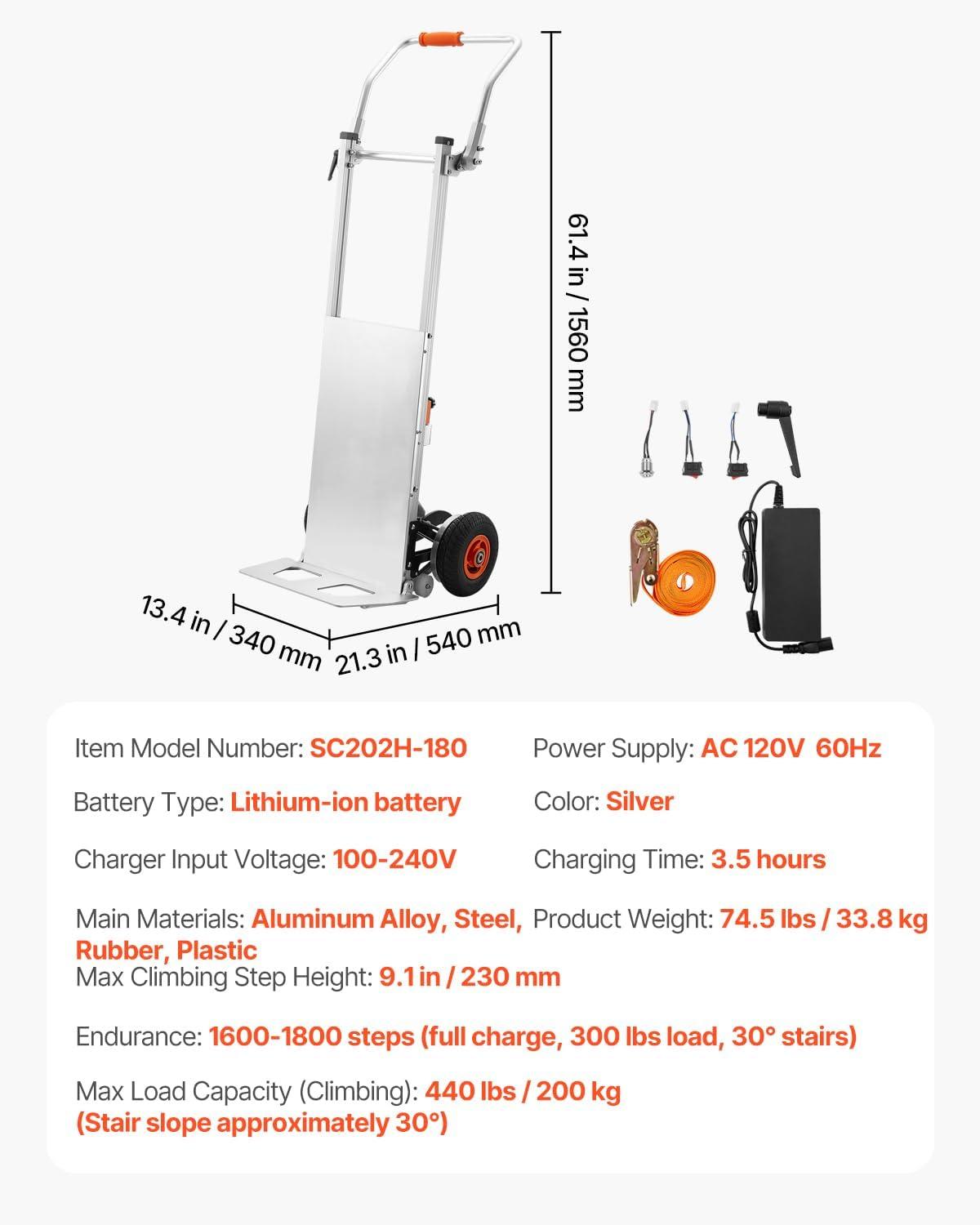 image:imageVEVOR Electric Stair Climbing Dolly 440lbs Capacity Electric Stair Climbing Hand Trucks with 1575in Rope amp Folding Handle Heavy Duty Stair Climber for Warehouse Logistics Moving FurnitureSilverFolding Handle
