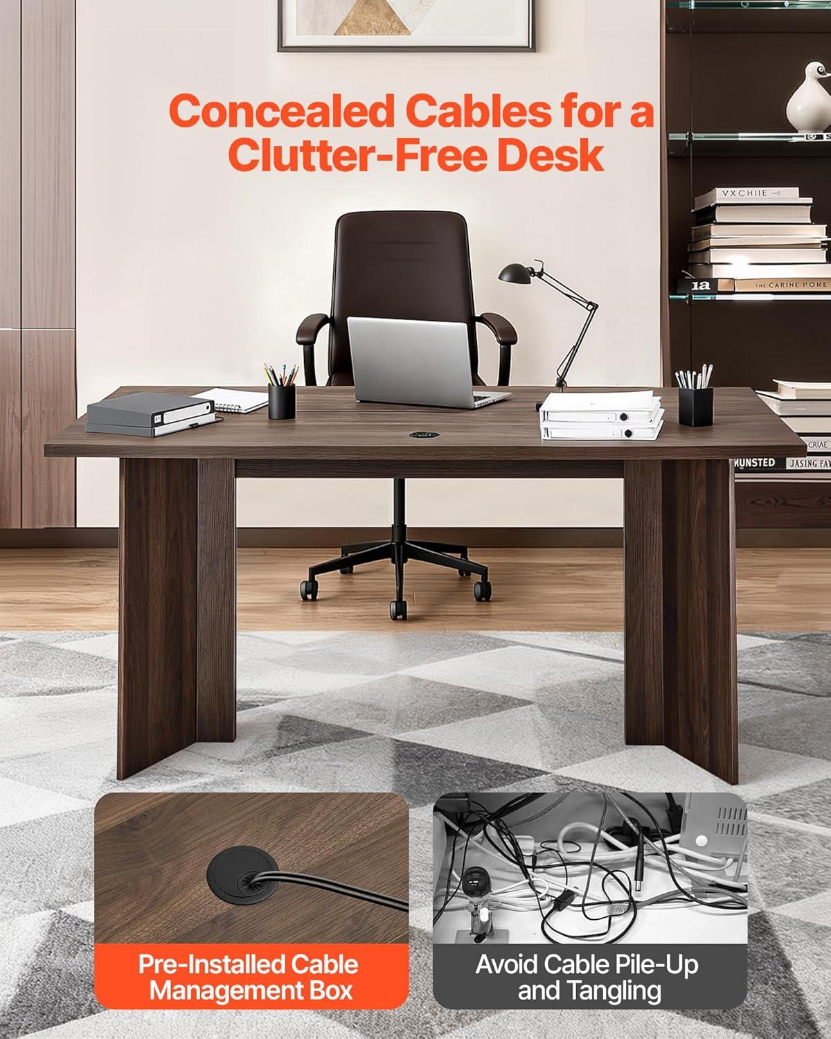 image:imageVEVOR Executive Desk 63 W x 315 D Large Office Desk Modern Computer Table Conference Meeting Room Table Business Furniture Enlarged Desktop for Home Office White and GoldWalnut