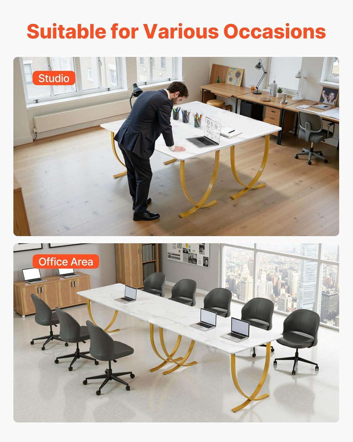 image:imageVEVOR Executive Desk 63 W x 315 D Large Office Desk Modern Computer Table Conference Meeting Room Table Business Furniture Enlarged Desktop for Home Office White and GoldWhitegold