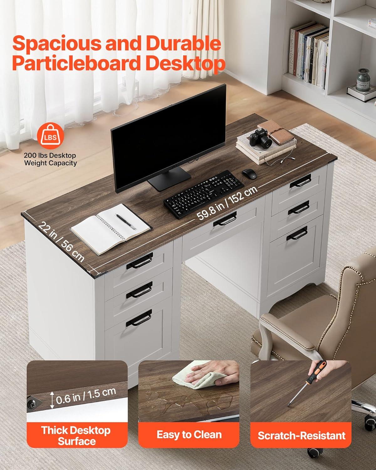 image:imageVEVOR Executive Desk 63 W x 315 D Large Office Desk Modern Computer Table Conference Meeting Room Table Business Furniture Enlarged Desktop for Home Office White and GoldWhite