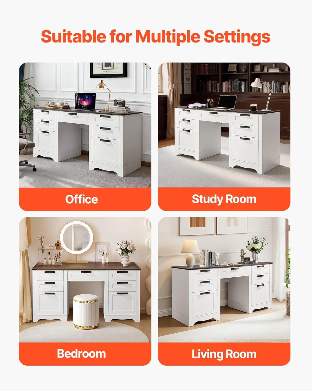 image:imageVEVOR Executive Desk 63 W x 315 D Large Office Desk Modern Computer Table Conference Meeting Room Table Business Furniture Enlarged Desktop for Home Office White and GoldWhite