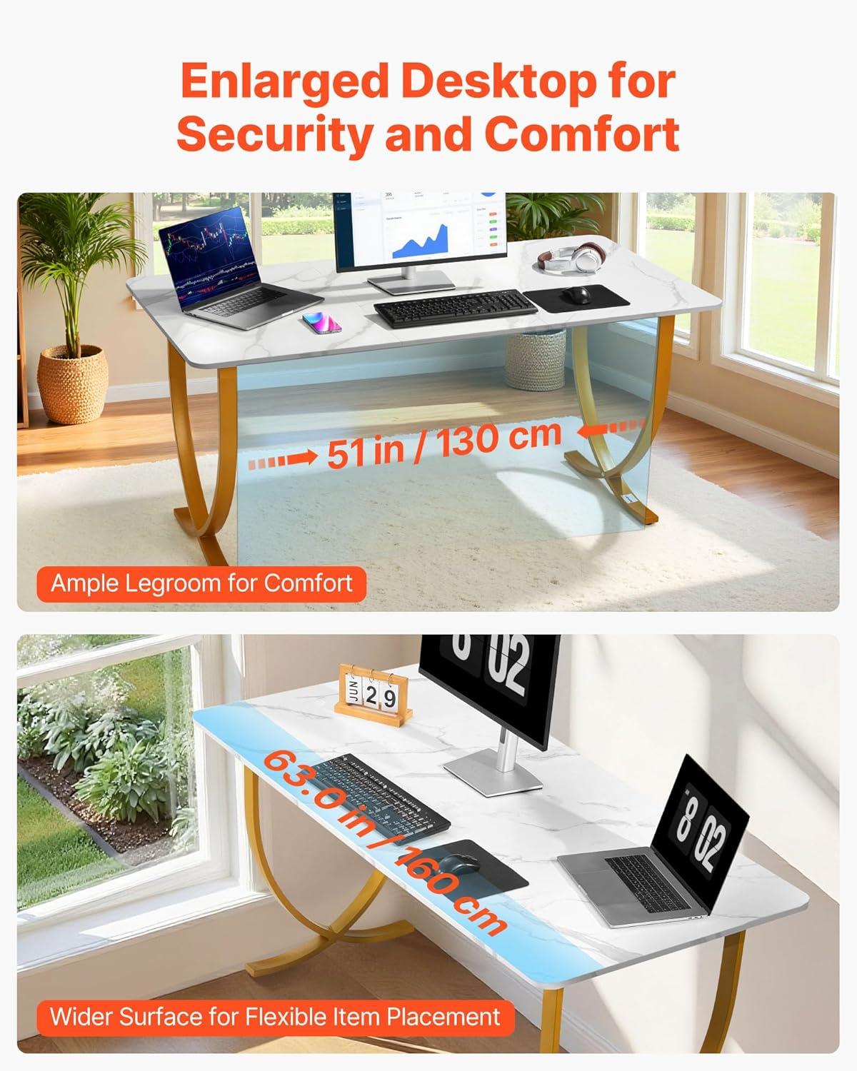 image:imageVEVOR Executive Desk 63 W x 315 D Large Office Desk Modern Computer Table Conference Meeting Room Table Business Furniture Enlarged Desktop for Home Office White and GoldWhitegold
