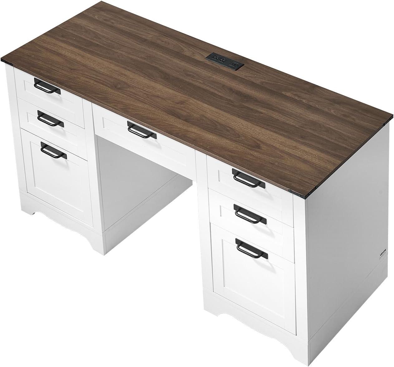 image:imageVEVOR Executive Desk 63 W x 315 D Large Office Desk Modern Computer Table Conference Meeting Room Table Business Furniture Enlarged Desktop for Home Office White and GoldWhite