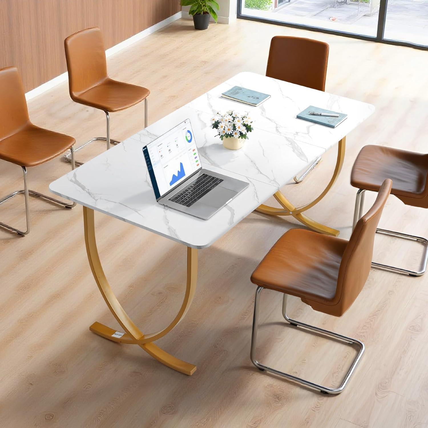 image:imageVEVOR Executive Desk 63 W x 315 D Large Office Desk Modern Computer Table Conference Meeting Room Table Business Furniture Enlarged Desktop for Home Office White and GoldWhitegold