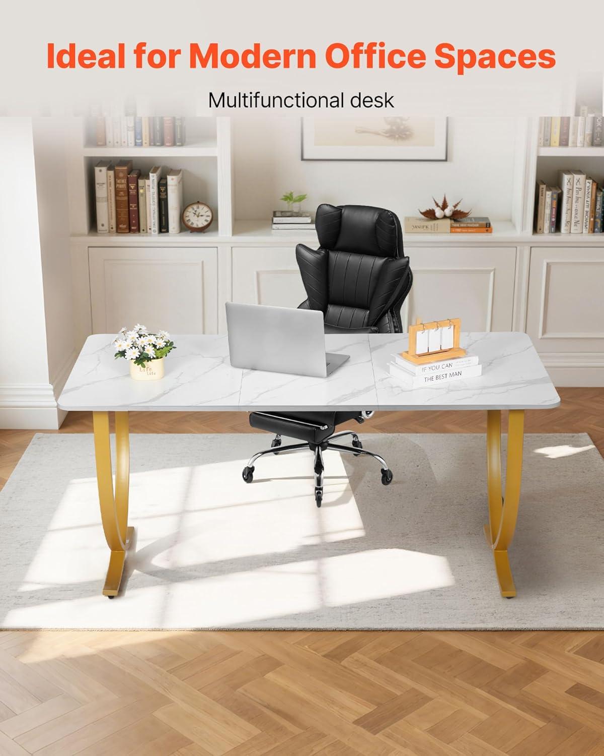 image:imageVEVOR Executive Desk 63 W x 315 D Large Office Desk Modern Computer Table Conference Meeting Room Table Business Furniture Enlarged Desktop for Home Office White and GoldWhitegold
