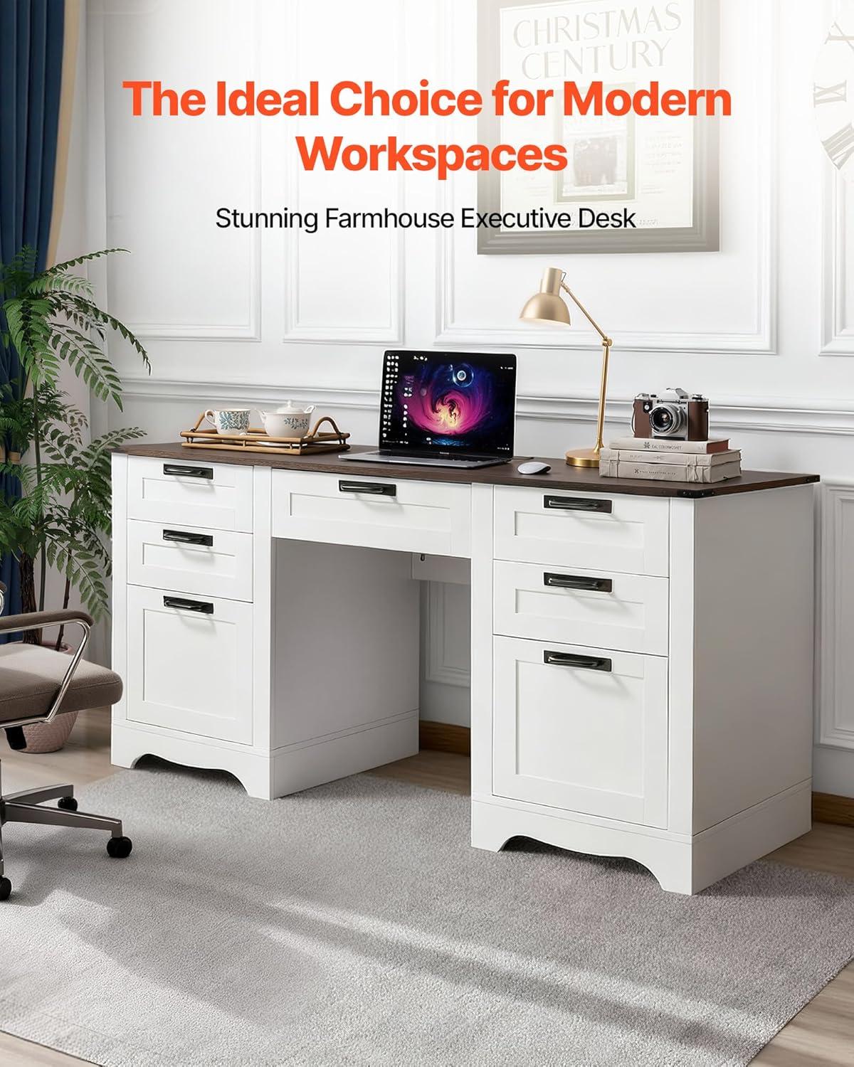 image:imageVEVOR Executive Desk 63 W x 315 D Large Office Desk Modern Computer Table Conference Meeting Room Table Business Furniture Enlarged Desktop for Home Office White and GoldWhite