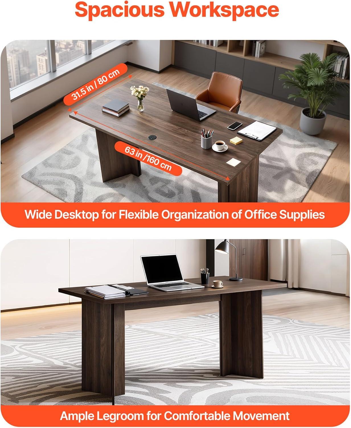 image:imageVEVOR Executive Desk 63 W x 315 D Large Office Desk Modern Computer Table Conference Meeting Room Table Business Furniture Enlarged Desktop for Home Office White and GoldWalnut