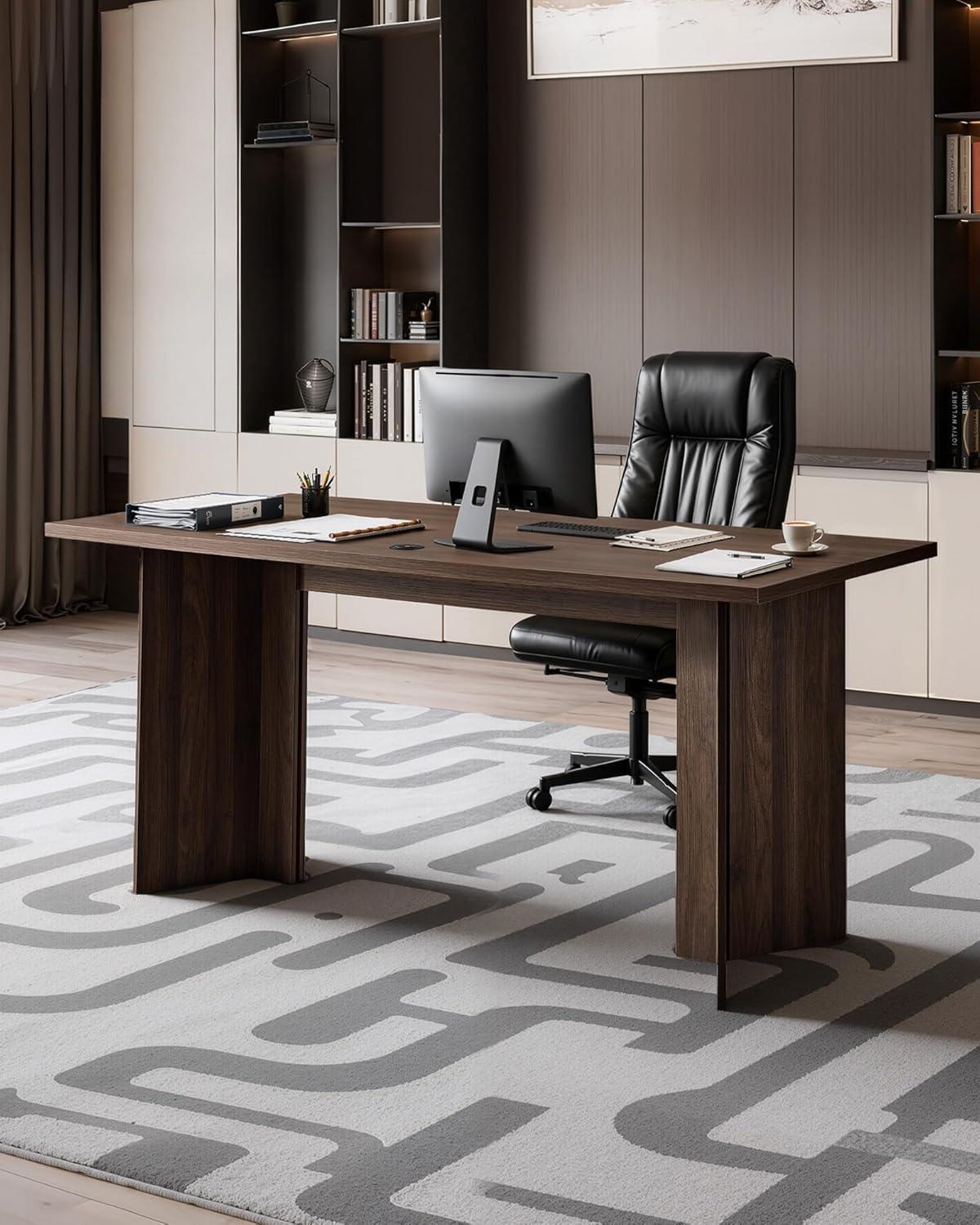 image:imageVEVOR Executive Desk 63 W x 315 D Large Office Desk Modern Computer Table Conference Meeting Room Table Business Furniture Enlarged Desktop for Home Office White and GoldWalnut