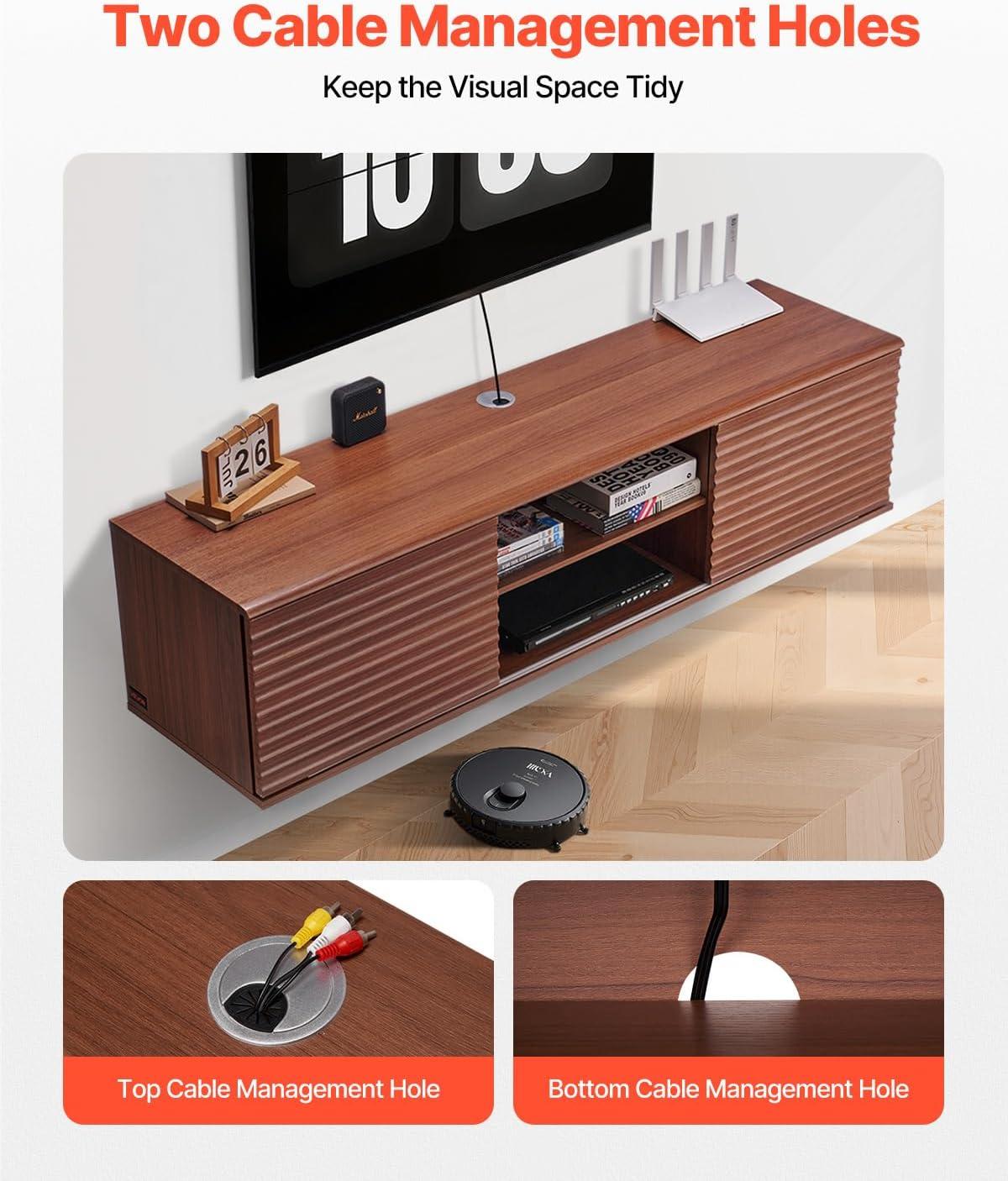 image:imageVEVOR Floating TV Stand 60 Wall Mount Entertainment Center with Adjustable Shelf amp Sliding Doors 2 Tiers Floating TV Shelf with Storage Cabinet for DVD Player Cable Box Game Console Walnut