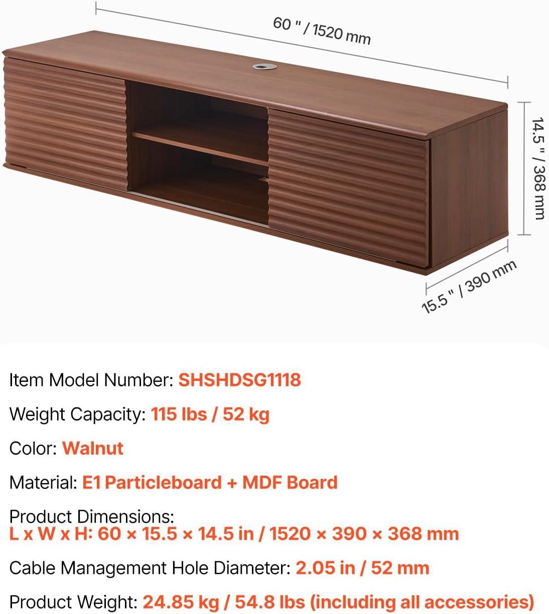image:imageVEVOR Floating TV Stand 60 Wall Mount Entertainment Center with Adjustable Shelf amp Sliding Doors 2 Tiers Floating TV Shelf with Storage Cabinet for DVD Player Cable Box Game Console Walnut