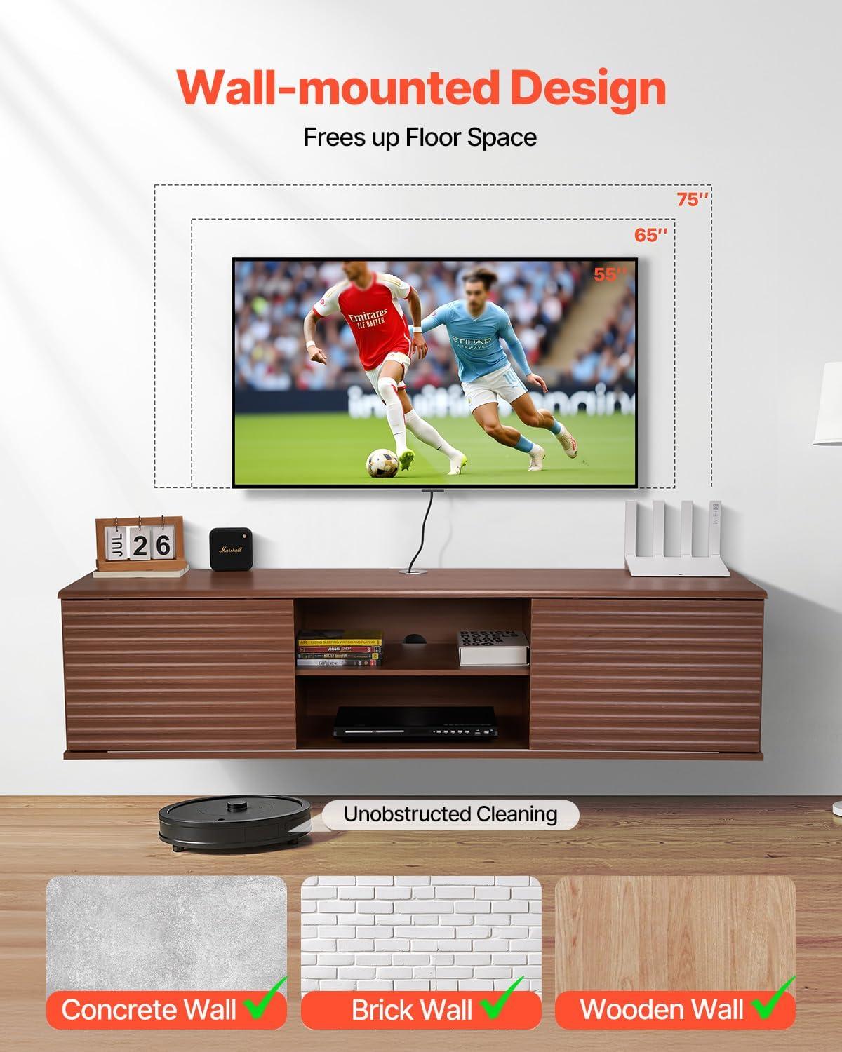 image:imageVEVOR Floating TV Stand 60 Wall Mount Entertainment Center with Adjustable Shelf amp Sliding Doors 2 Tiers Floating TV Shelf with Storage Cabinet for DVD Player Cable Box Game Console Walnut