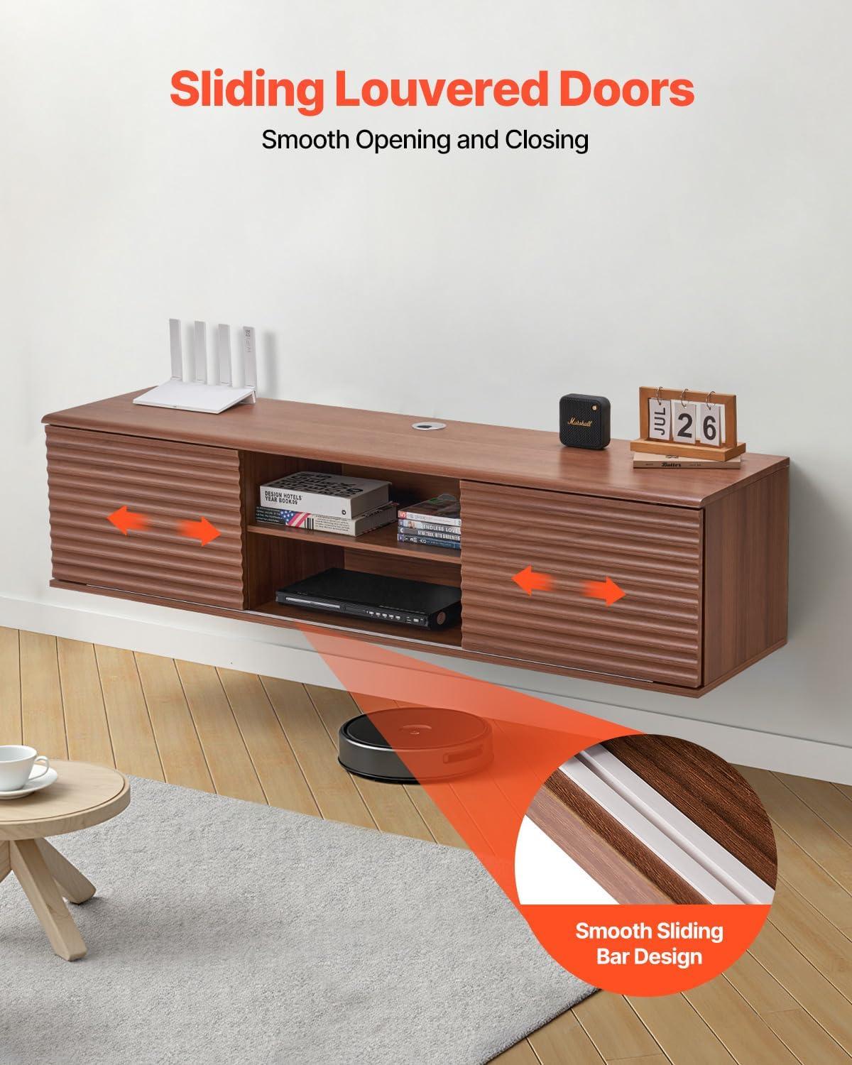 image:imageVEVOR Floating TV Stand 60 Wall Mount Entertainment Center with Adjustable Shelf amp Sliding Doors 2 Tiers Floating TV Shelf with Storage Cabinet for DVD Player Cable Box Game Console Walnut