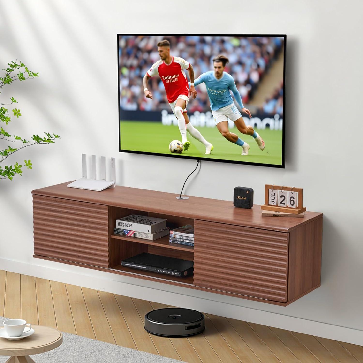 image:imageVEVOR Floating TV Stand 60 Wall Mount Entertainment Center with Adjustable Shelf amp Sliding Doors 2 Tiers Floating TV Shelf with Storage Cabinet for DVD Player Cable Box Game Console Walnut