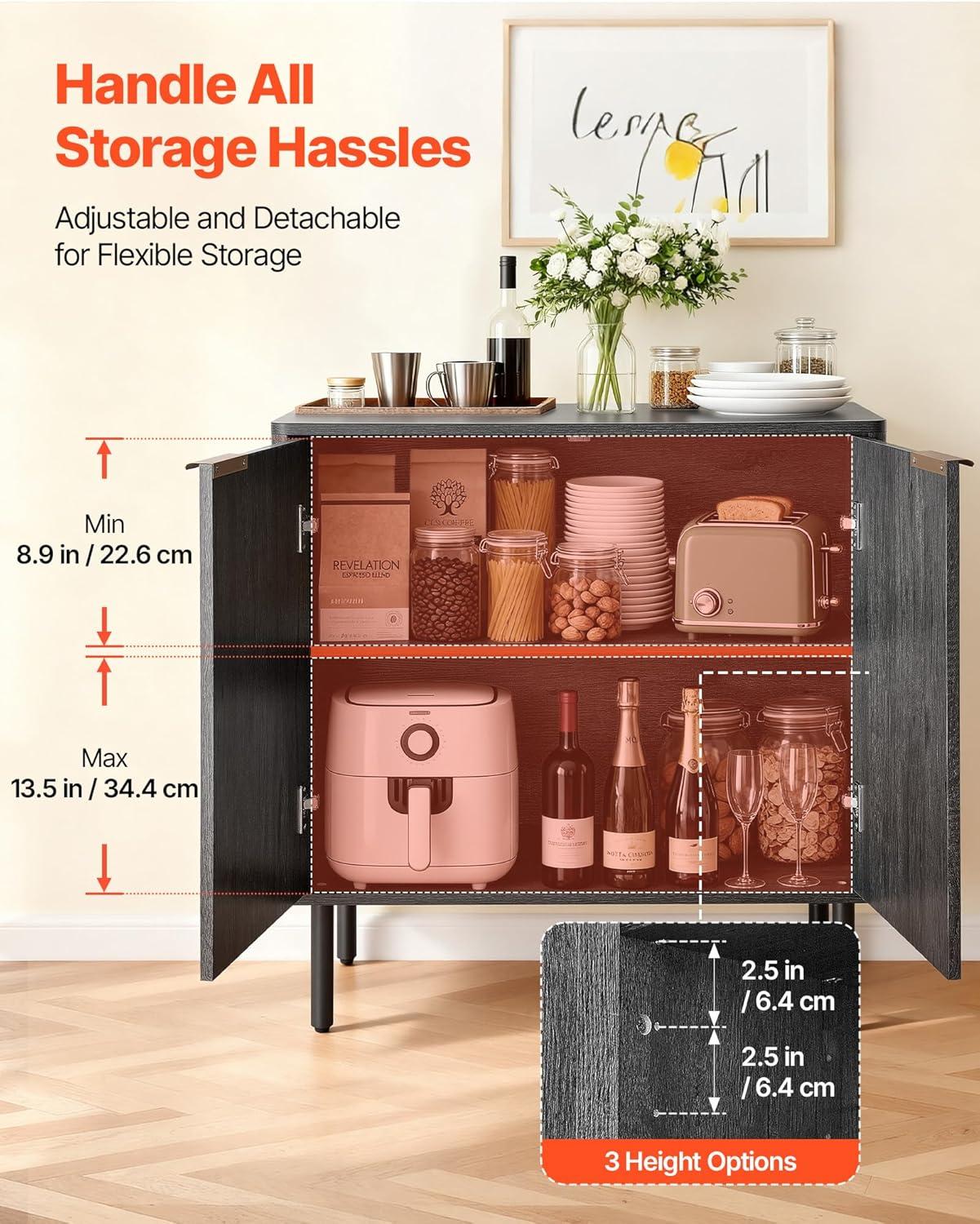 image:imageVEVOR Fluted Cabinet Buffet Cabinet with 2Tier Storage Coffee Bar Cabinet with Adjustable Shelves Sideboard Buffet for Hallway Entryway Living Room or Kitchen Black
