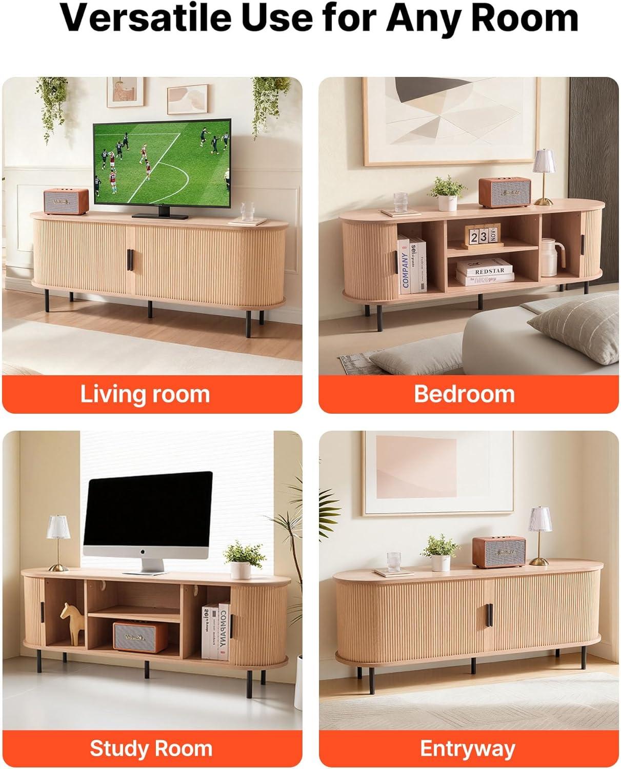 image:imageVEVOR Fluted TV Stand for TVs up to 65 inch MidCentury Modern Entertainment Center Media Console with Storage Cabinet and Sliding Tambour Door Boho Television Stand for Living Room Bedroom OakNatural