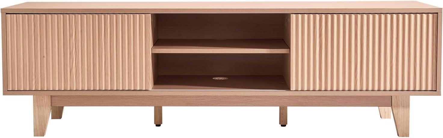 image:imageVEVOR Fluted TV Stand for TVs up to 65 inch MidCentury Modern Entertainment Center Media Console with Storage Cabinet and Sliding Tambour Door Boho Television Stand for Living Room Bedroom OakWood