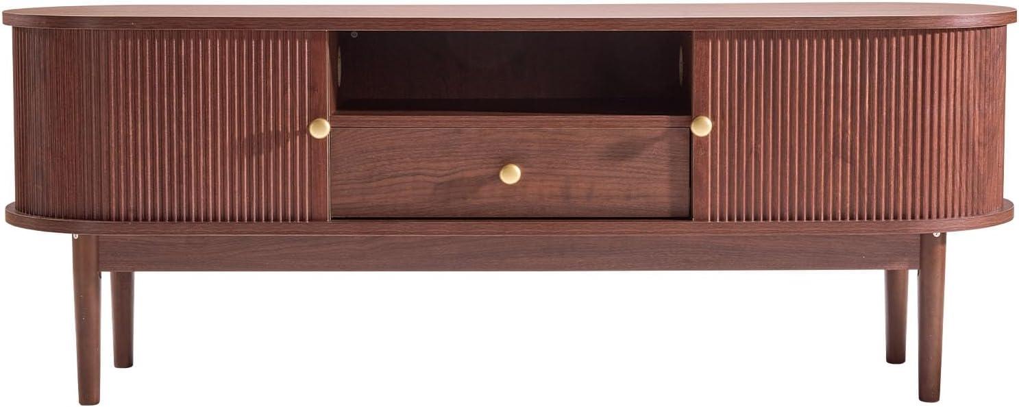 image:imageVEVOR Fluted TV Stand for TVs up to 65 inch MidCentury Modern Entertainment Center Media Console with Storage Cabinet and Sliding Tambour Door Boho Television Stand for Living Room Bedroom OakBrown With Drawer