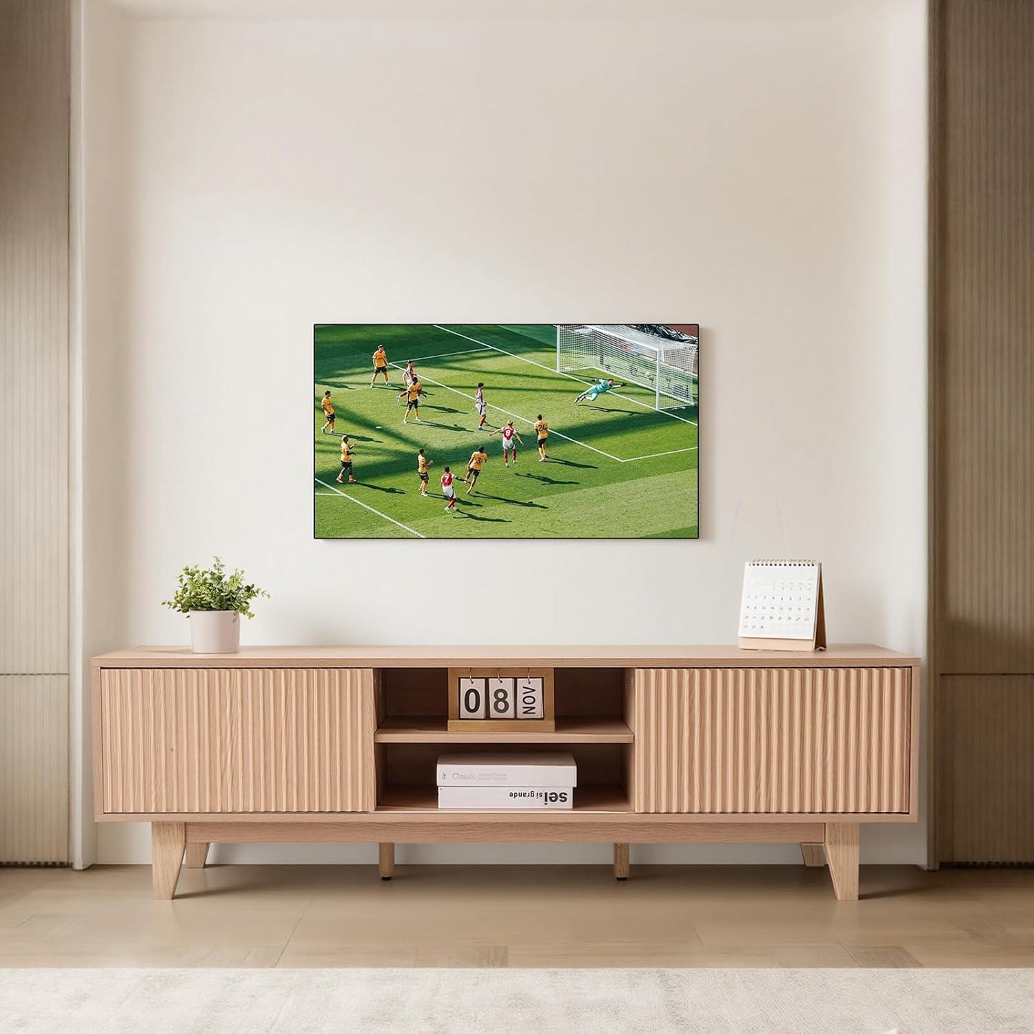 image:imageVEVOR Fluted TV Stand for TVs up to 65 inch MidCentury Modern Entertainment Center Media Console with Storage Cabinet and Sliding Tambour Door Boho Television Stand for Living Room Bedroom OakWood
