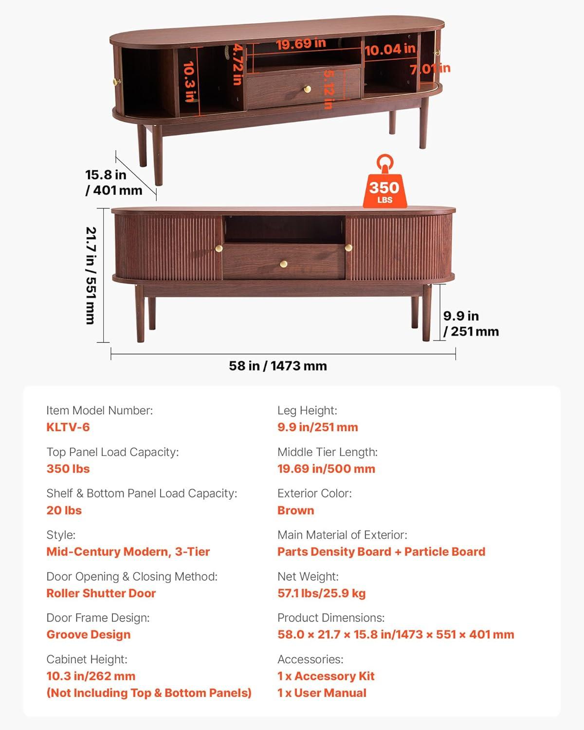 image:imageVEVOR Fluted TV Stand for TVs up to 65 inch MidCentury Modern Entertainment Center Media Console with Storage Cabinet and Sliding Tambour Door Boho Television Stand for Living Room Bedroom OakBrown With Drawer