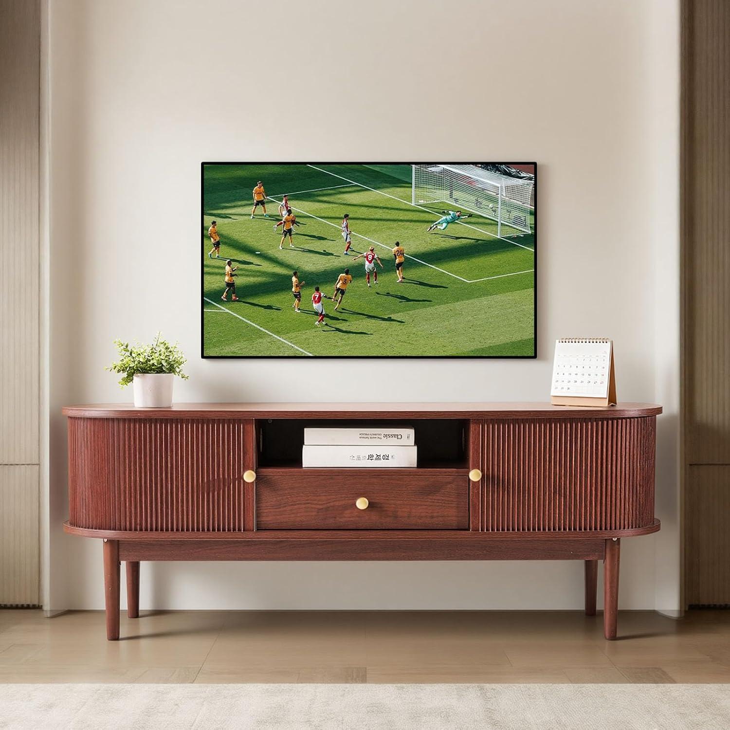 image:imageVEVOR Fluted TV Stand for TVs up to 65 inch MidCentury Modern Entertainment Center Media Console with Storage Cabinet and Sliding Tambour Door Boho Television Stand for Living Room Bedroom OakBrown With Drawer