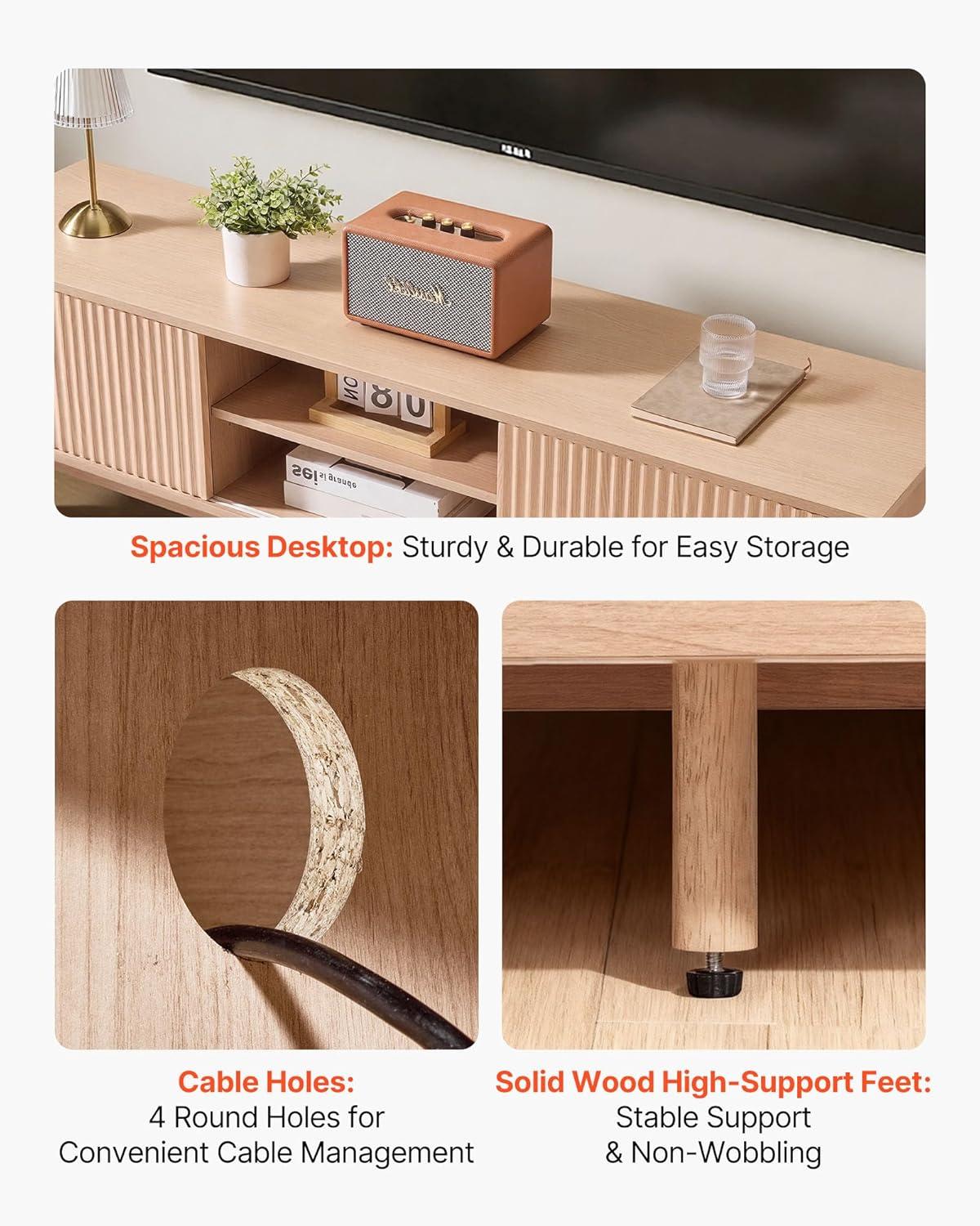 image:imageVEVOR Fluted TV Stand for TVs up to 65 inch MidCentury Modern Entertainment Center Media Console with Storage Cabinet and Sliding Tambour Door Boho Television Stand for Living Room Bedroom OakWood