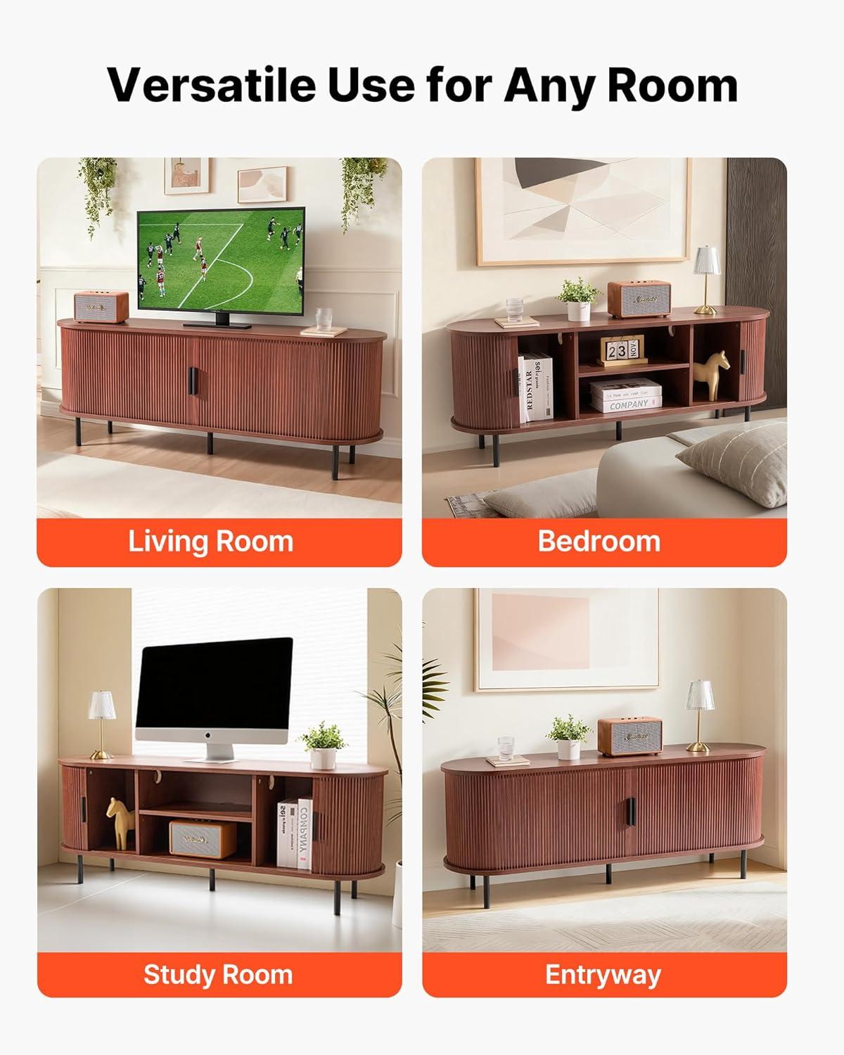 image:imageVEVOR Fluted TV Stand for TVs up to 65 inch MidCentury Modern Entertainment Center Media Console with Storage Cabinet and Sliding Tambour Door Boho Television Stand for Living Room Bedroom OakBrown