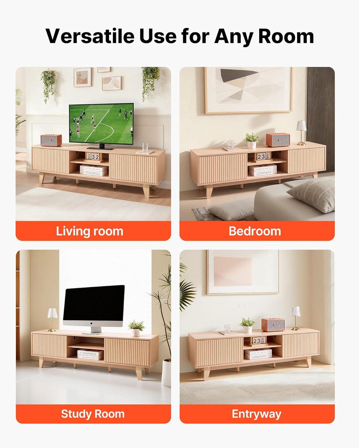 image:imageVEVOR Fluted TV Stand for TVs up to 65 inch MidCentury Modern Entertainment Center Media Console with Storage Cabinet and Sliding Tambour Door Boho Television Stand for Living Room Bedroom OakWood