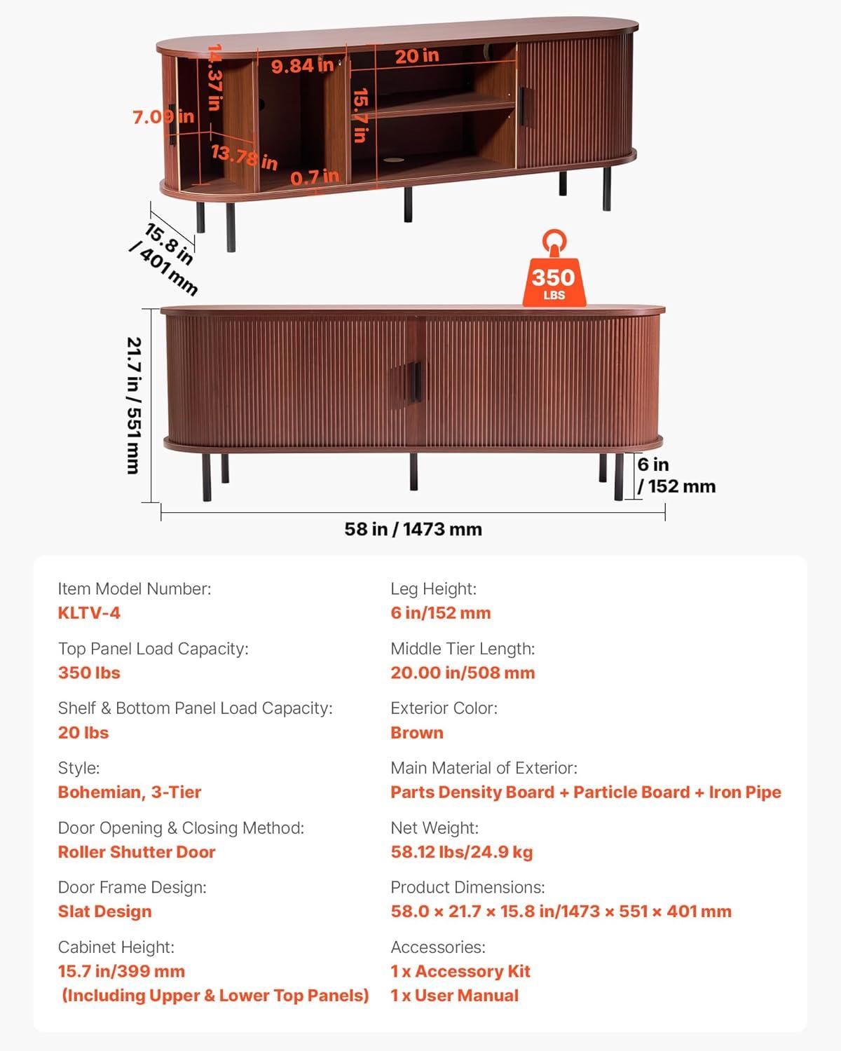 image:imageVEVOR Fluted TV Stand for TVs up to 65 inch MidCentury Modern Entertainment Center Media Console with Storage Cabinet and Sliding Tambour Door Boho Television Stand for Living Room Bedroom OakBrown