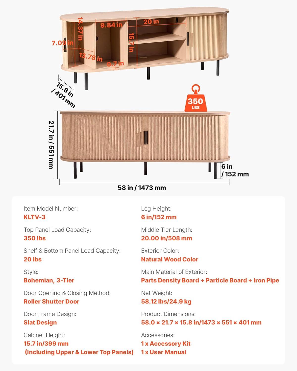 image:imageVEVOR Fluted TV Stand for TVs up to 65 inch MidCentury Modern Entertainment Center Media Console with Storage Cabinet and Sliding Tambour Door Boho Television Stand for Living Room Bedroom OakNatural