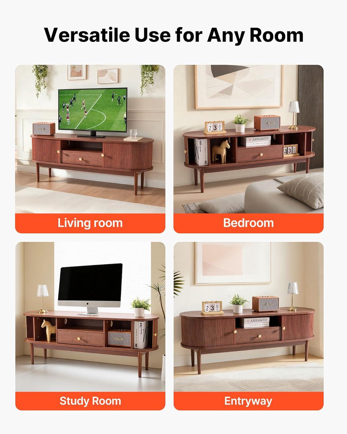 image:imageVEVOR Fluted TV Stand for TVs up to 65 inch MidCentury Modern Entertainment Center Media Console with Storage Cabinet and Sliding Tambour Door Boho Television Stand for Living Room Bedroom OakBrown With Drawer