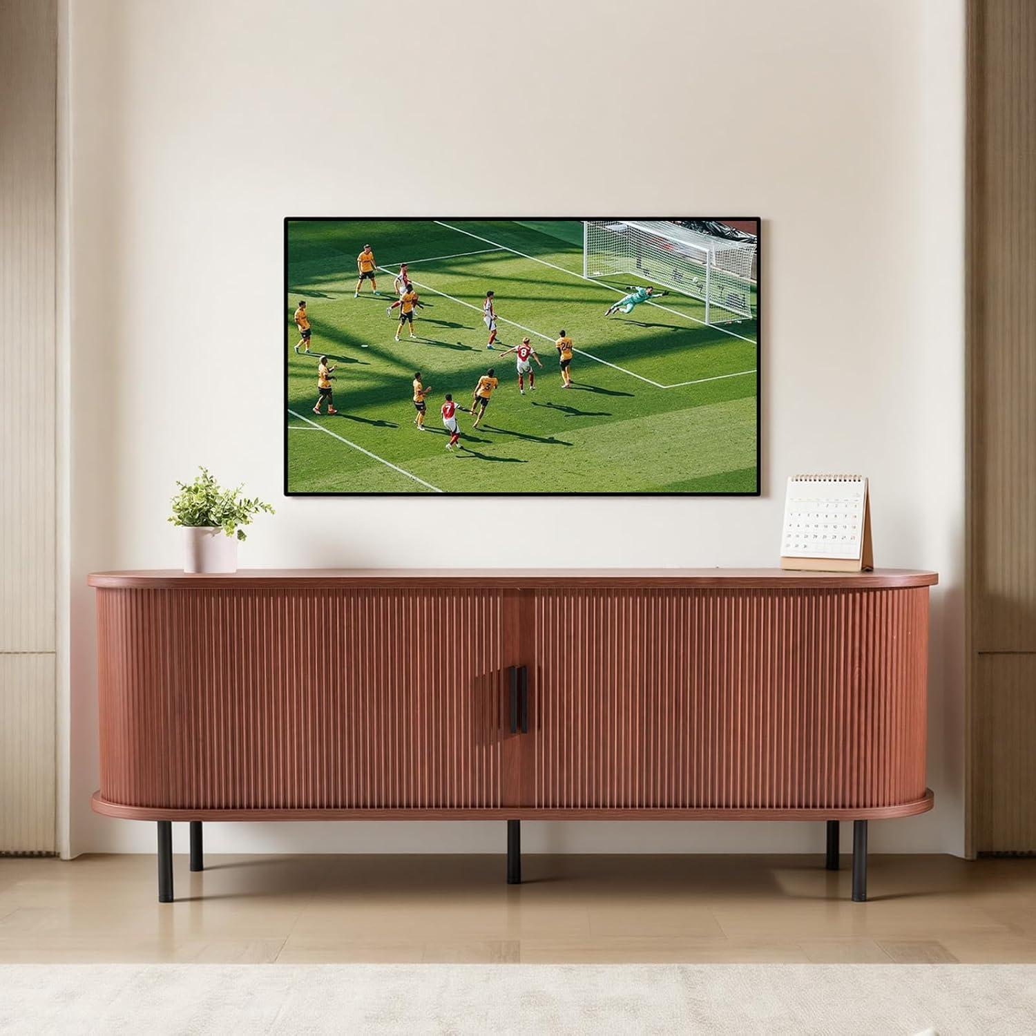 image:imageVEVOR Fluted TV Stand for TVs up to 65 inch MidCentury Modern Entertainment Center Media Console with Storage Cabinet and Sliding Tambour Door Boho Television Stand for Living Room Bedroom OakBrown