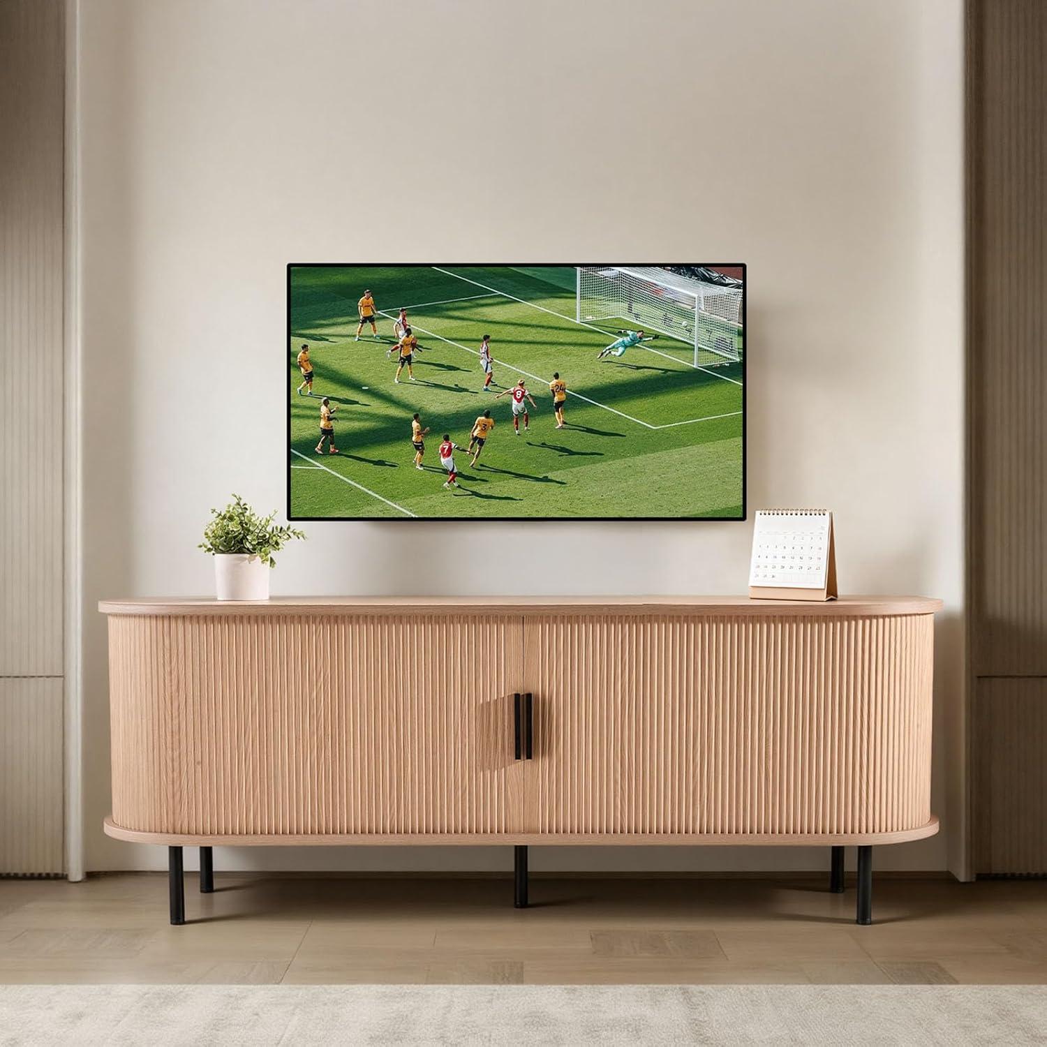 image:imageVEVOR Fluted TV Stand for TVs up to 65 inch MidCentury Modern Entertainment Center Media Console with Storage Cabinet and Sliding Tambour Door Boho Television Stand for Living Room Bedroom OakNatural
