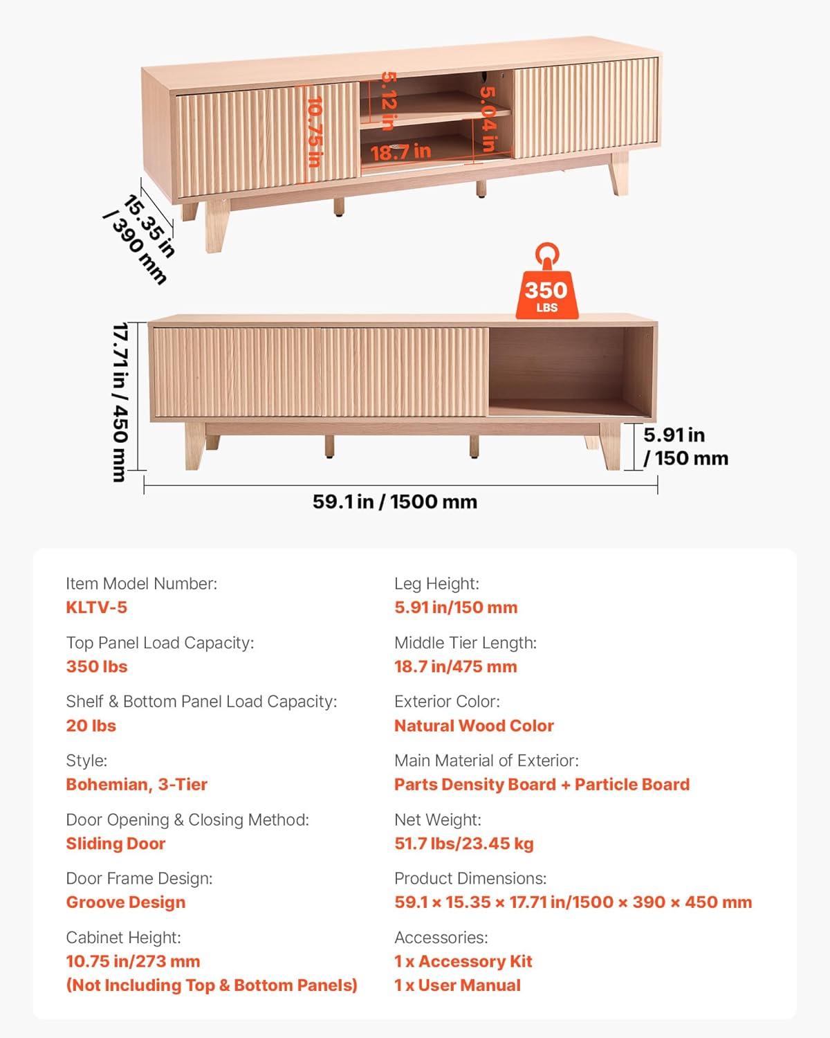 image:imageVEVOR Fluted TV Stand for TVs up to 65 inch MidCentury Modern Entertainment Center Media Console with Storage Cabinet and Sliding Tambour Door Boho Television Stand for Living Room Bedroom OakWood