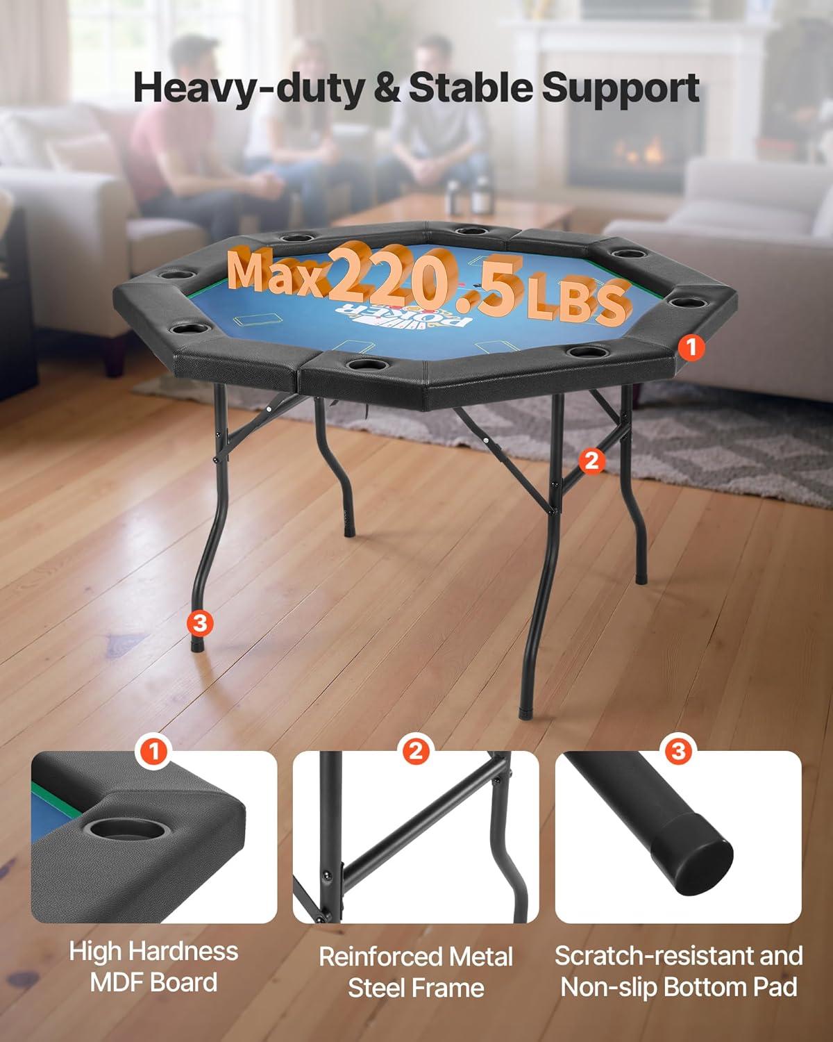 image:imageVEVOR Foldable Poker Table 8 Player 48 in Folding Casino Leisure Table with Padded Rails amp Cup Holders Octagonal Portable Game Tables with Felt amp Metal Legs for Texas Holdem Game and BlackjackBlackblue